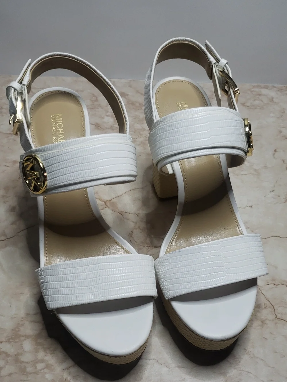 Michael Kors White Platform Sandals with Gold MK Hardware 7.5